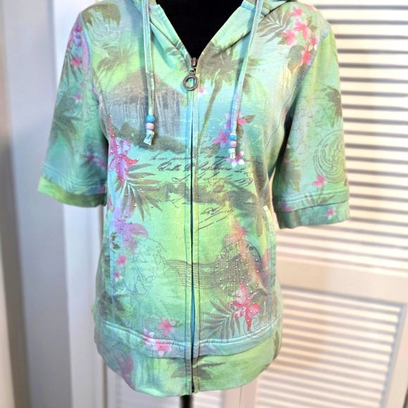 Green Tea Women's Green Floral Paisley Full Zip Hoodie Jacket Sequins Small - Picture 1 of 7